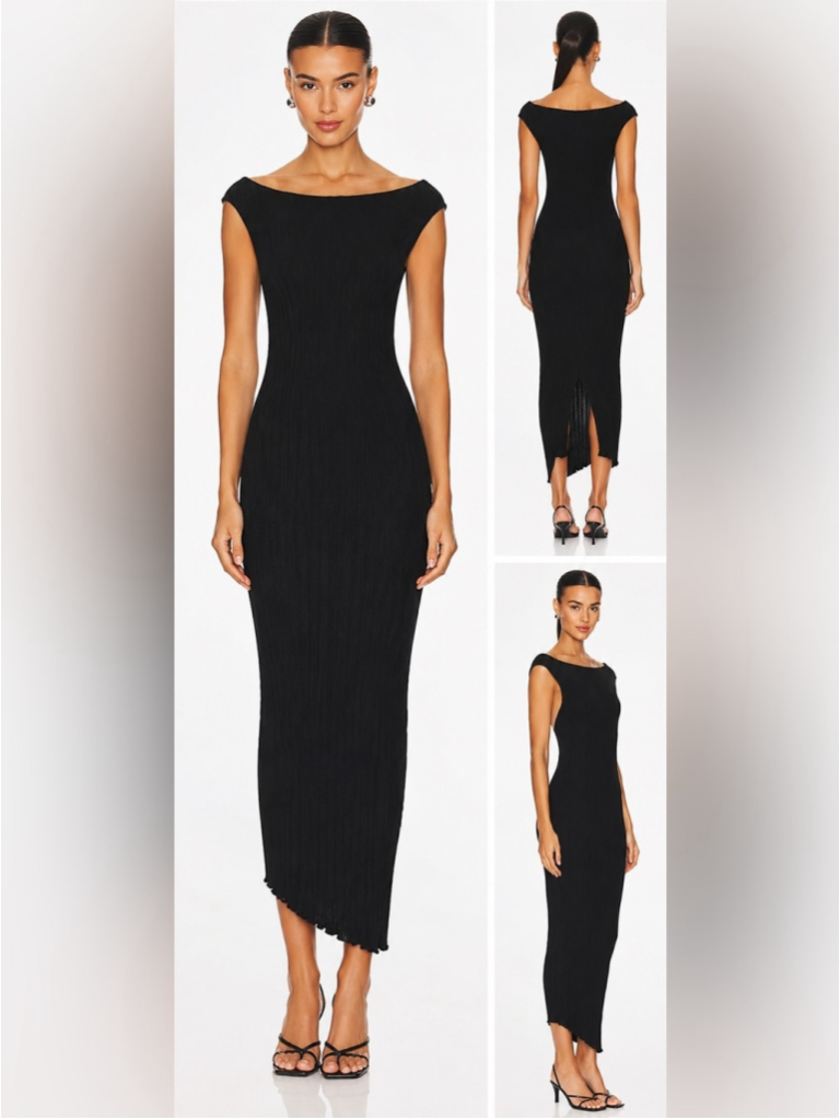 Miou Muse Ribbed Off-Shoulder Midi Dress Medium | Black | Stretch Knit